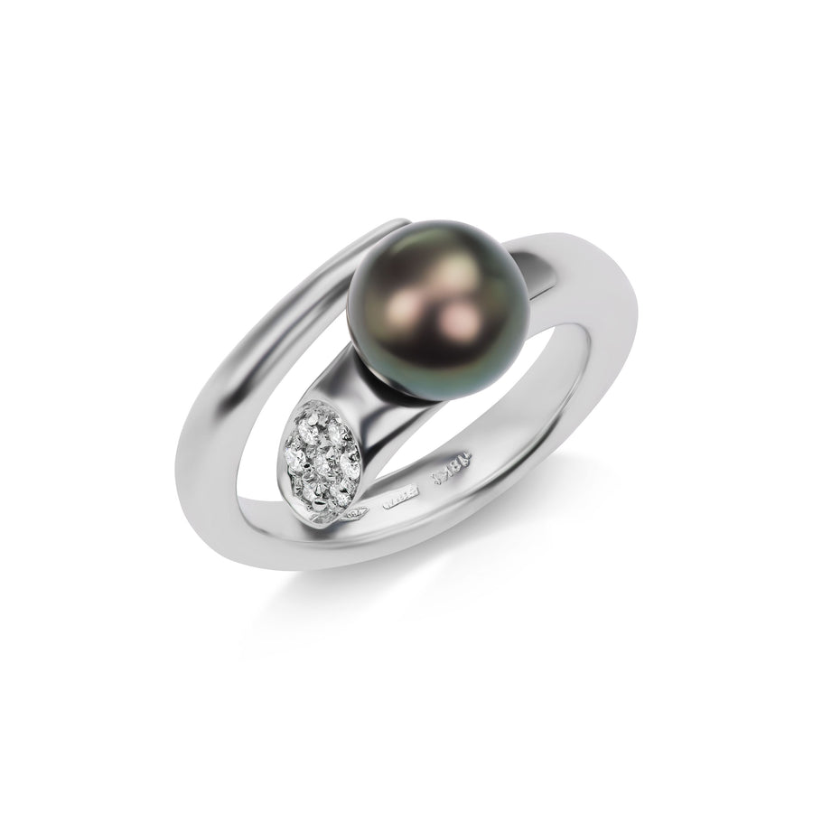 Tahitian Pearl Ring with Diamonds in White Gold | KLENOTA
