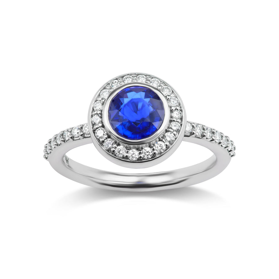 Blue Sapphire Birthday Ring with Diamond Halo and Micro Pavé