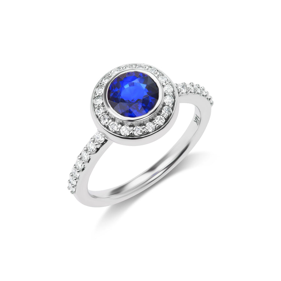 Blue Sapphire Birthday Ring with Diamond Halo and Micro Pavé