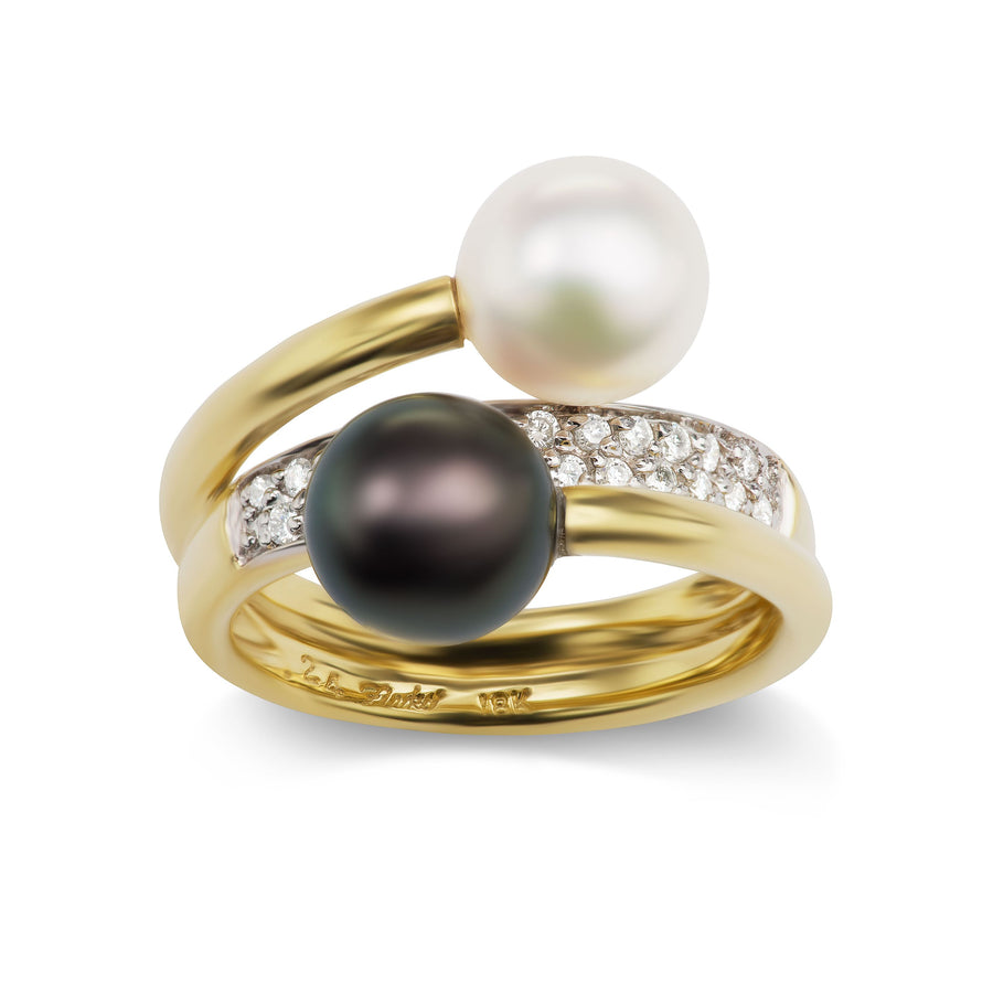 Dual-Pearl Wrap Ring with Black and White Pearls and Diamond Pavé