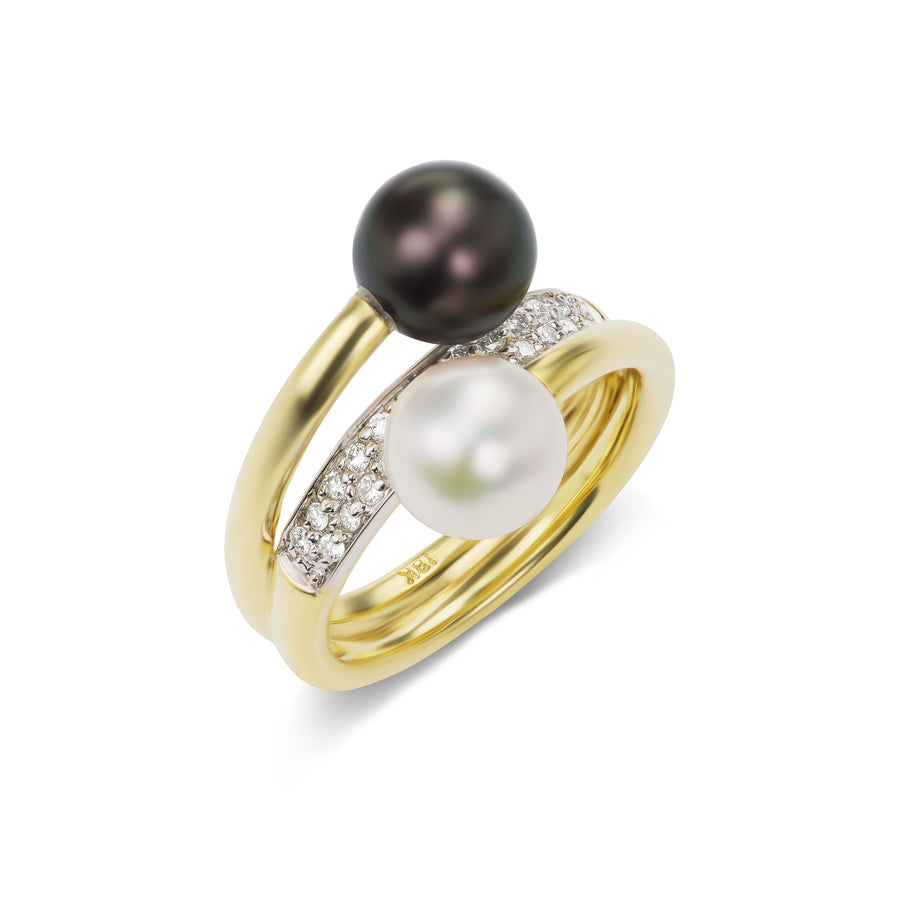 Dual-Pearl Wrap Ring with Black and White Pearls and Diamond Pavé