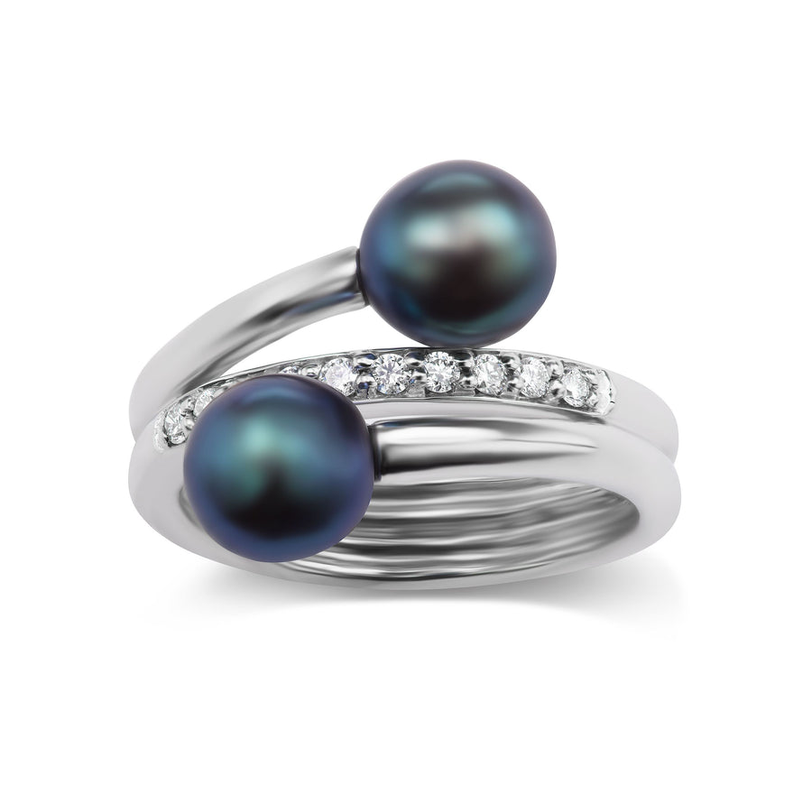 Dual-Pearl Wrap Ring with Black Tahitian Pearls and Diamond Pavé