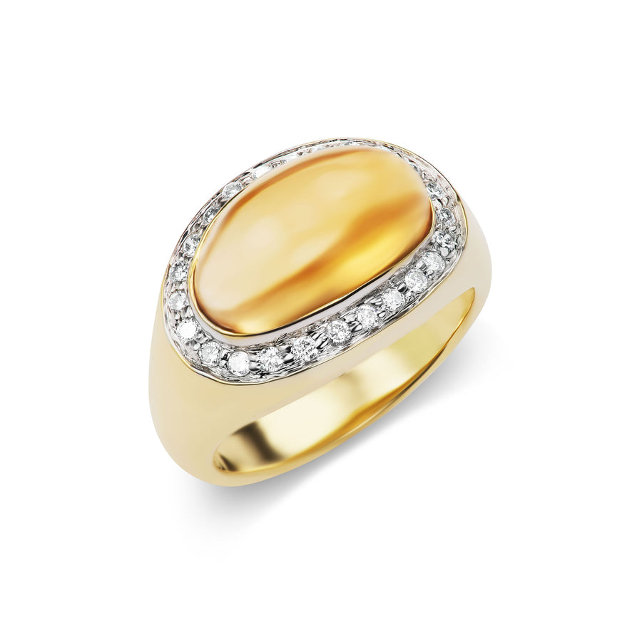 Large Smooth Citrine Cabochon Birthday Ring with Diamond Halo