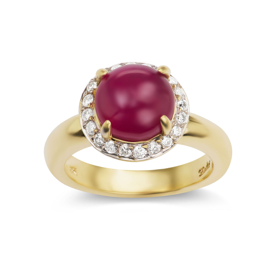 Ruby Cabochon Ring with Diamond Halo in White or Yellow Gold