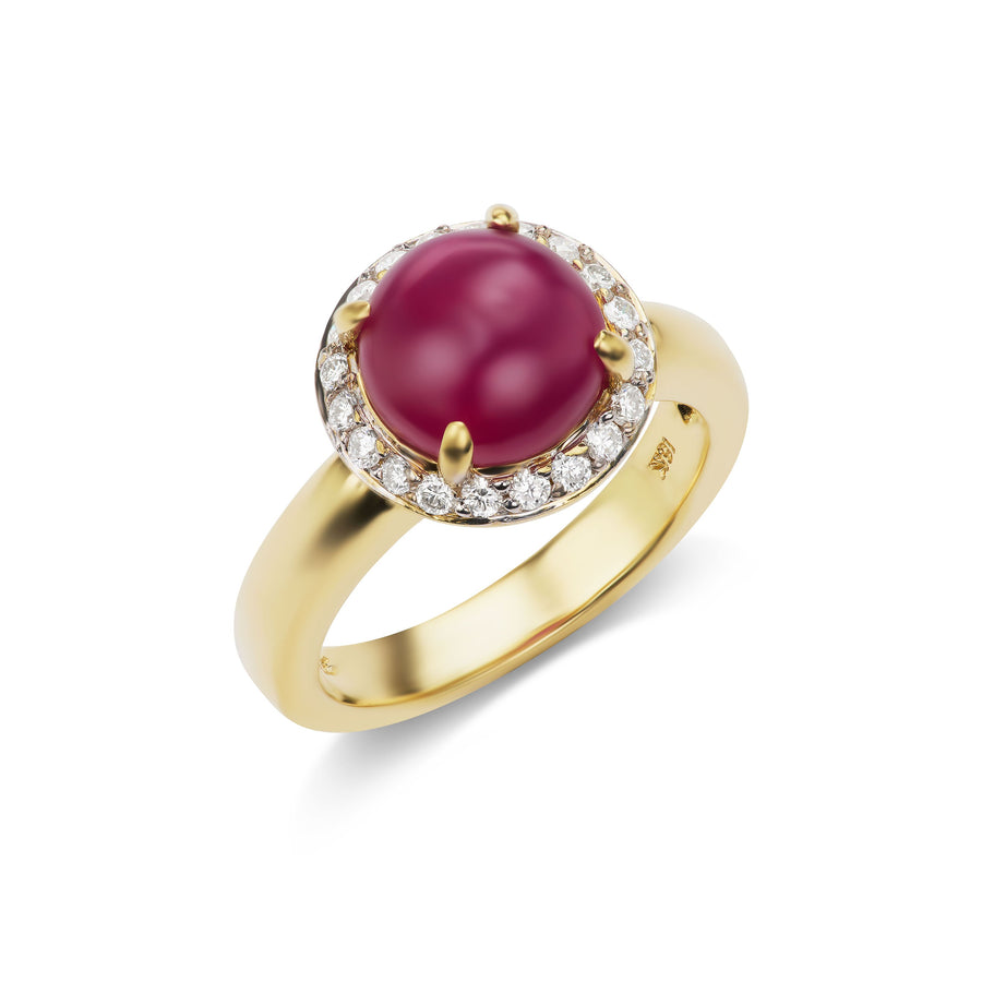 Ruby Cabochon Ring with Diamond Halo in White or Yellow Gold