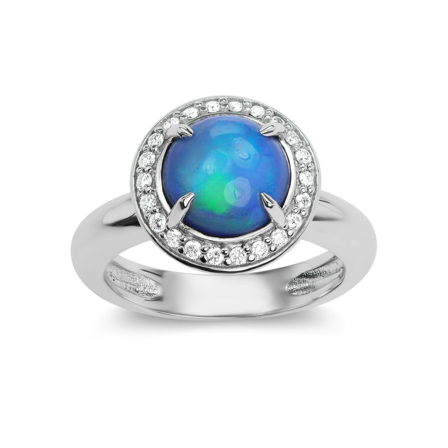 Opal Cabochon Ring with Diamond Halo in White or Yellow Gold