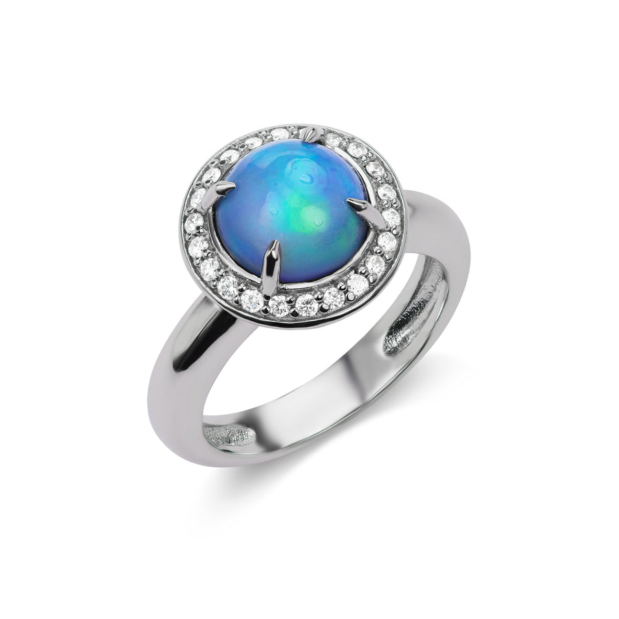 Opal Cabochon Ring with Diamond Halo in White or Yellow Gold