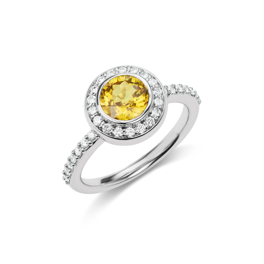 Yellow Sapphire Birthday Ring with Diamond Halo and Micro Pavé