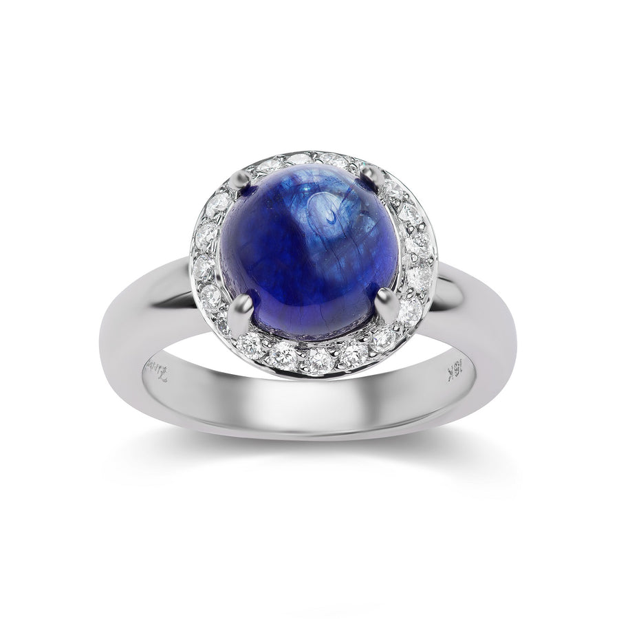 Sapphire Cabochon Birthday Ring with Diamond Halo in White or Yellow Gold
