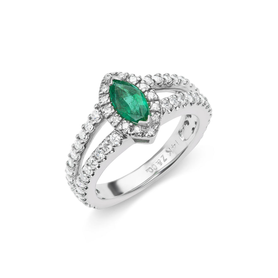 Emerald Split Ring with Diamond Halo and Micro Pavé