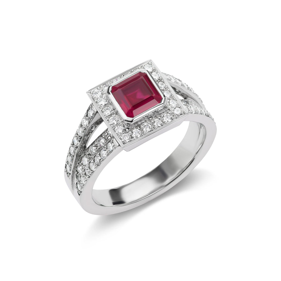 Square-Cut Ruby Ring with Diamond Halo and Pavé