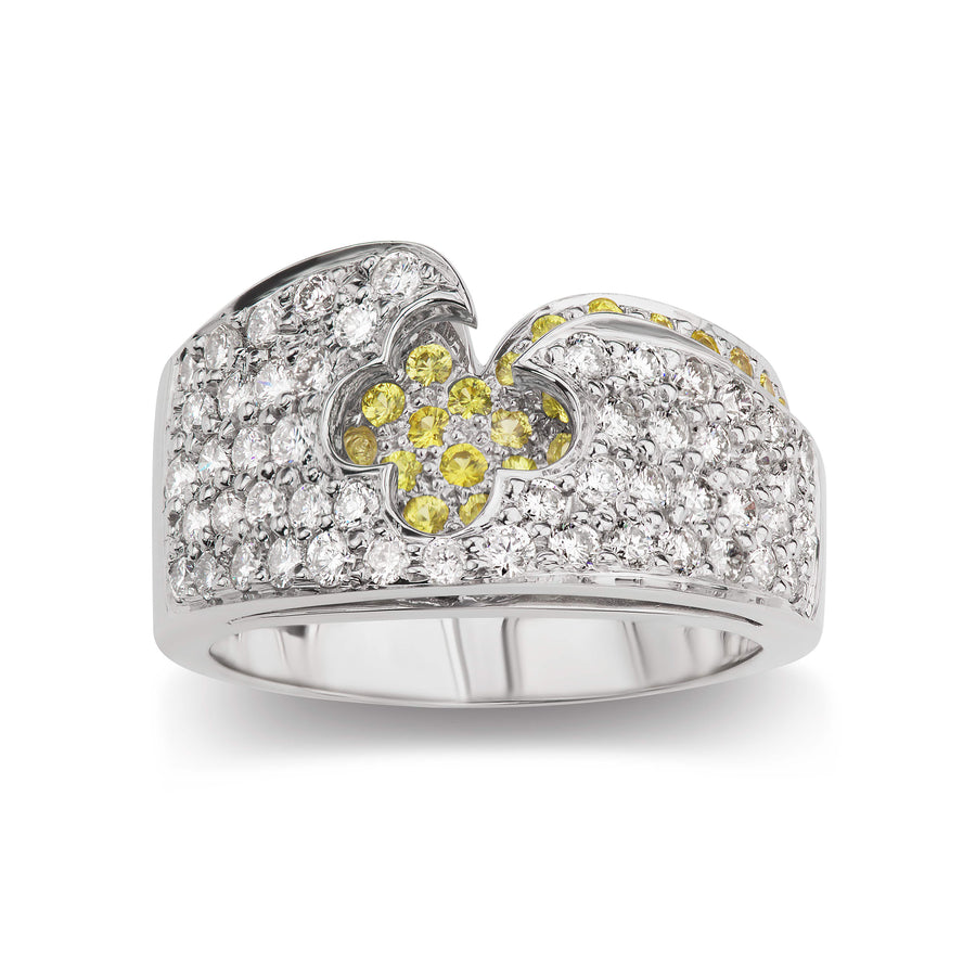Yellow Diamond Clover Ring with All Over Diamond Pavé in White Gold