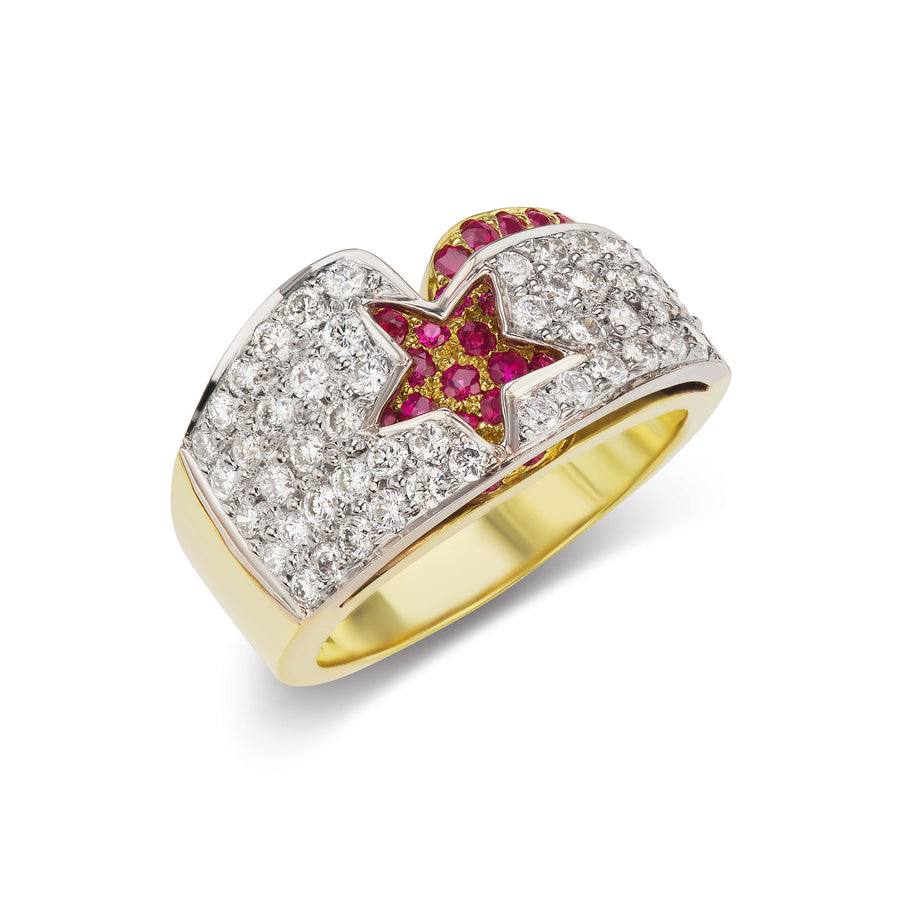 Ruby Shooting Star Ring with All Over Diamond Pavé in Two-Tone Gold