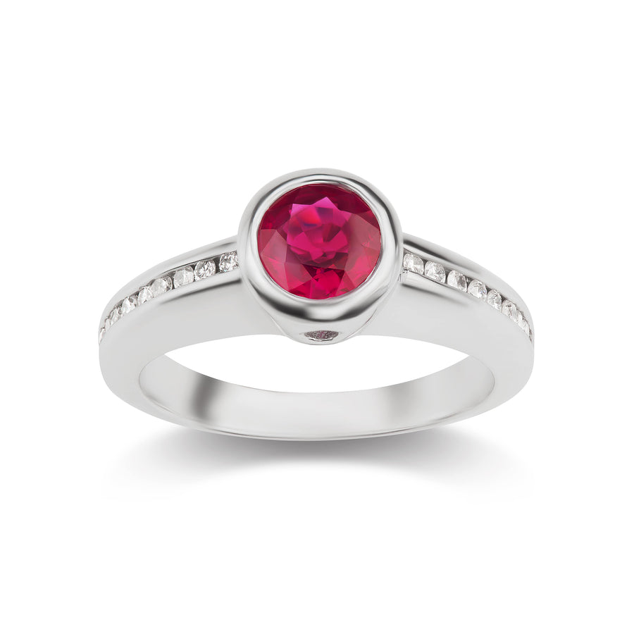 Round Cut Ruby Birthday Ring with Diamond Micro Pavé in White or Yellow Gold