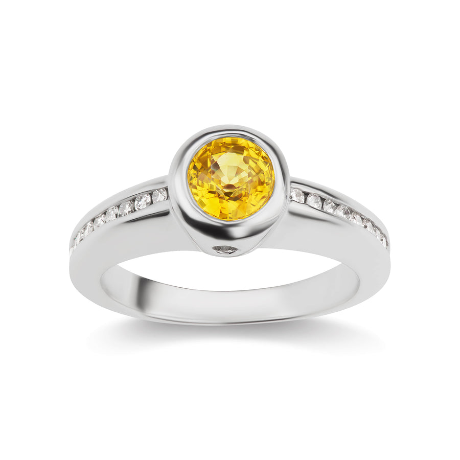 Round Cut Yellow Sapphire Birthday Ring with Diamond Micro Pavé in White or Yellow Gold