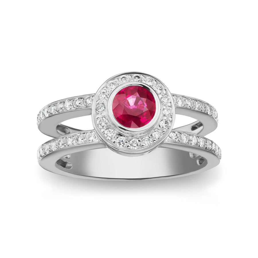 Split Shank Halo Diamonds Birthday Ring with a Center Ruby