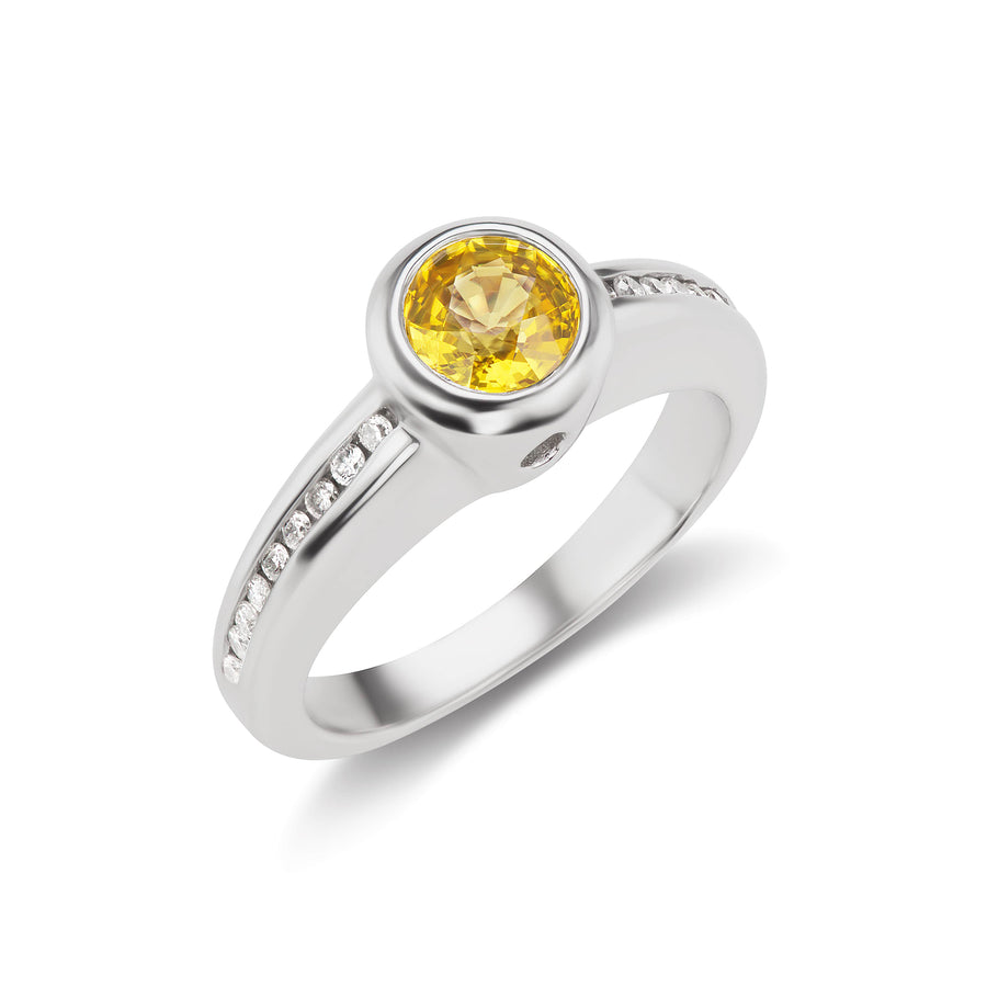 Round Cut Yellow Sapphire Birthday Ring with Diamond Micro Pavé in White or Yellow Gold