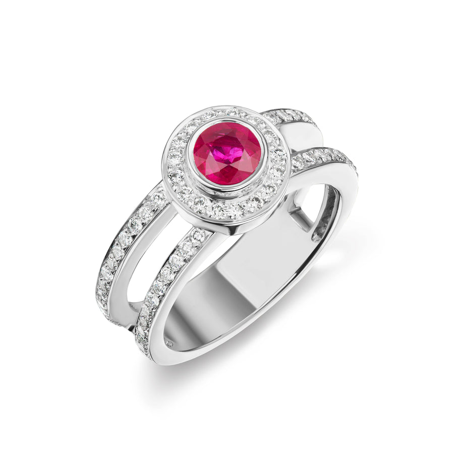 Split Shank Halo Diamonds Birthday Ring with a Center Ruby