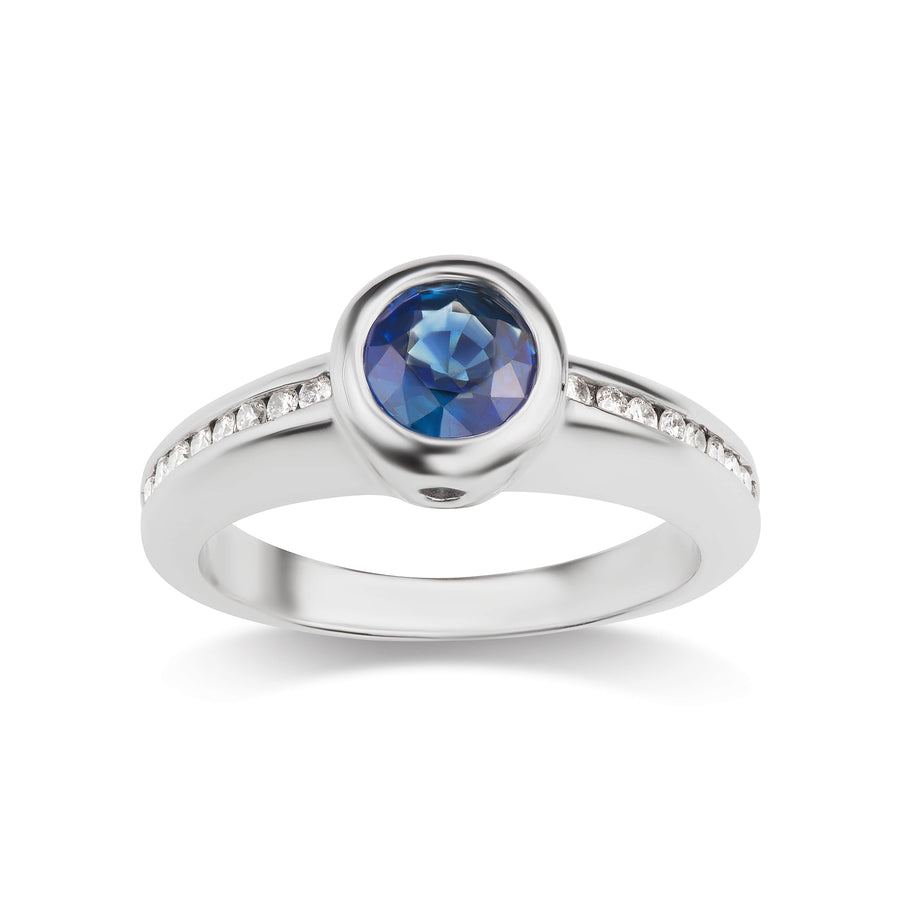 Round Cut Blue Sapphire Birthday  Ring with Diamond Micro Pavé in White or Yellow Gold