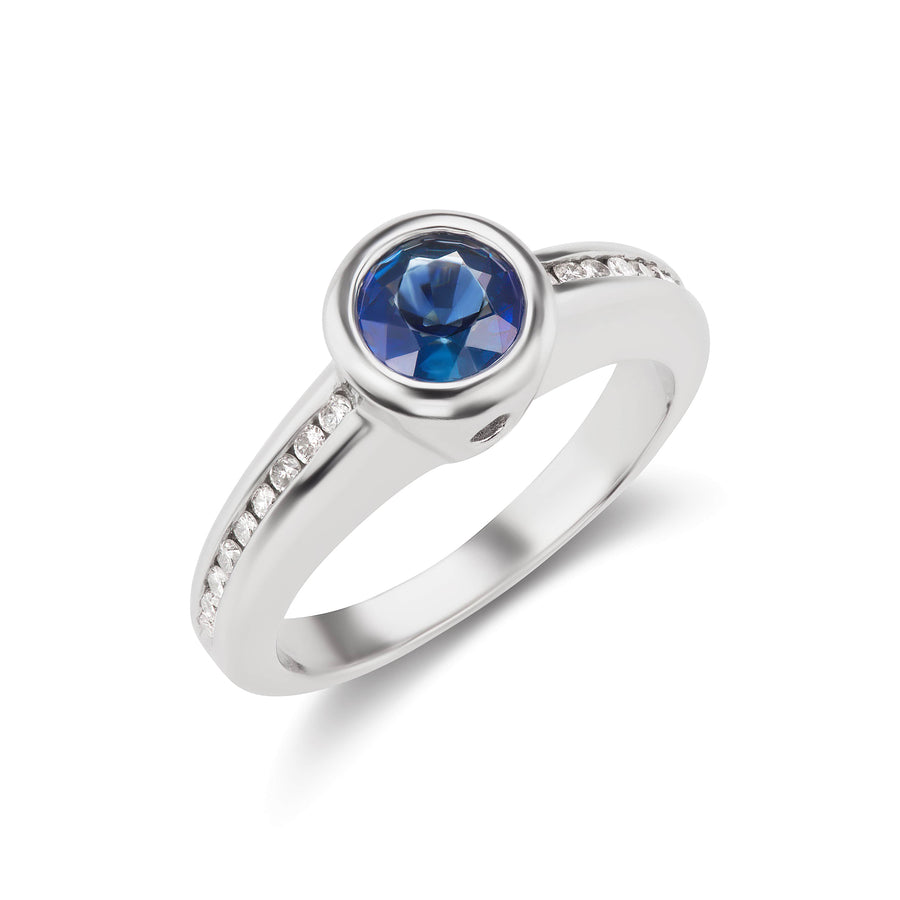 Round Cut Blue Sapphire Birthday  Ring with Diamond Micro Pavé in White or Yellow Gold