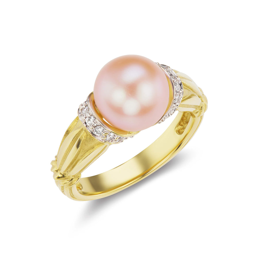 Freshwater Pink Pearl Ring with Diamond Lining in White or Yellow Gold