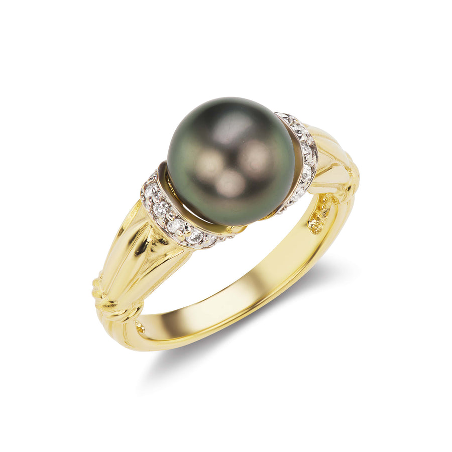 Tahitian Black Pearl Ring with Diamond Lining in White or Yellow Gold