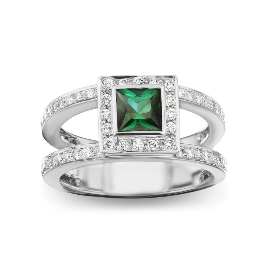 Green Tourmaline Halo Diamonds Celebration Ring in White or Yellow Gold