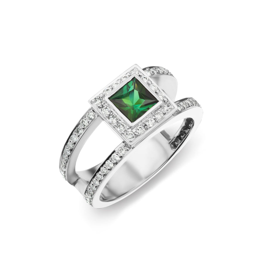 Green Tourmaline Halo Diamonds Celebration Ring in White or Yellow Gold