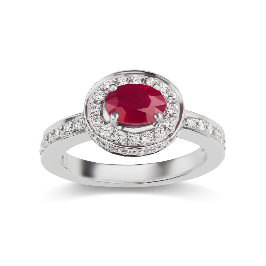Oval Red Ruby Diamond Halo Anniversary Ring in White or Yellow Gold