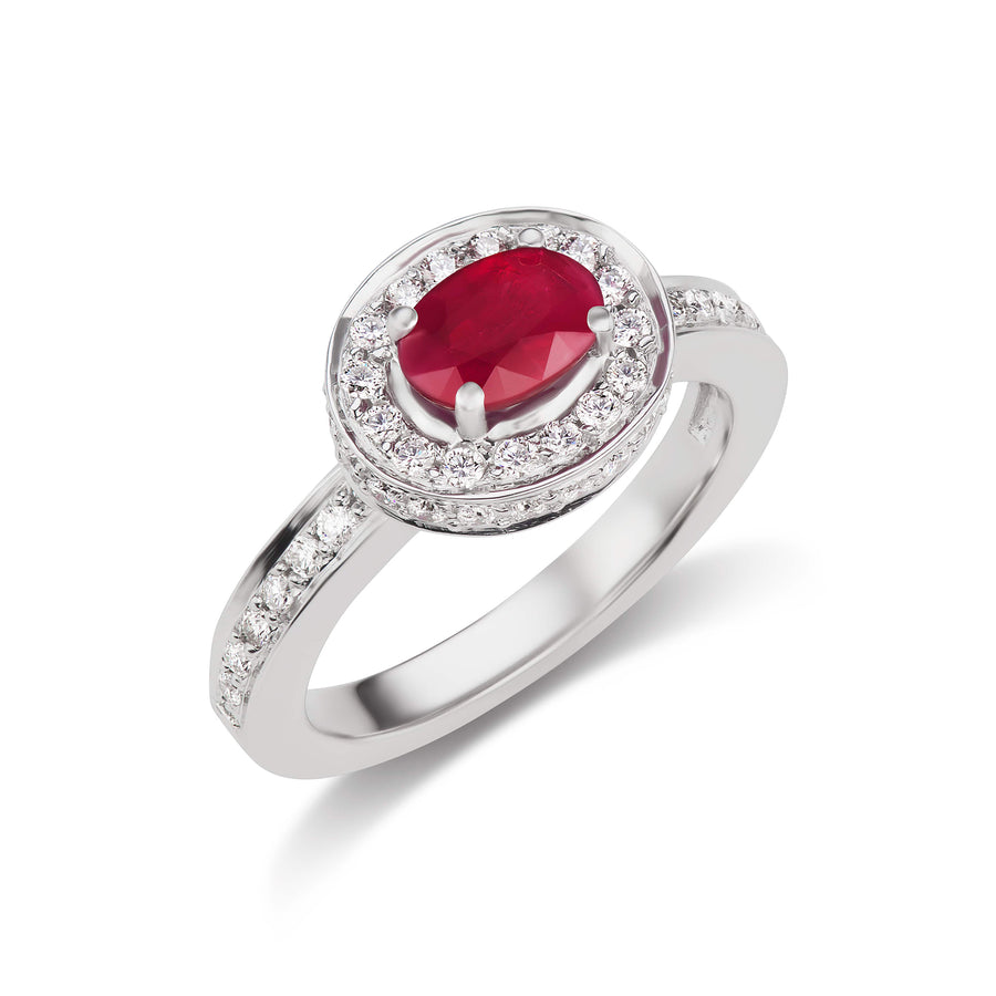 Oval Red Ruby Diamond Halo Anniversary Ring in White or Yellow Gold