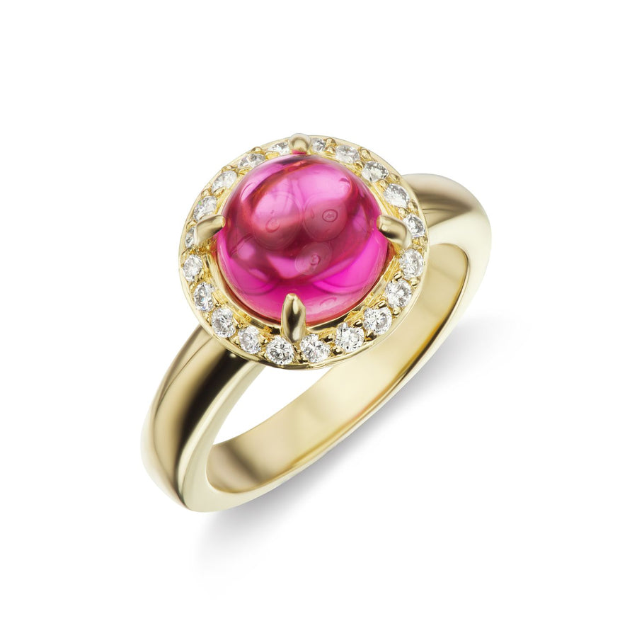 Pink Tourmaline Cabochon with Halo Diamonds Fashion Ring in Yellow or White Gold