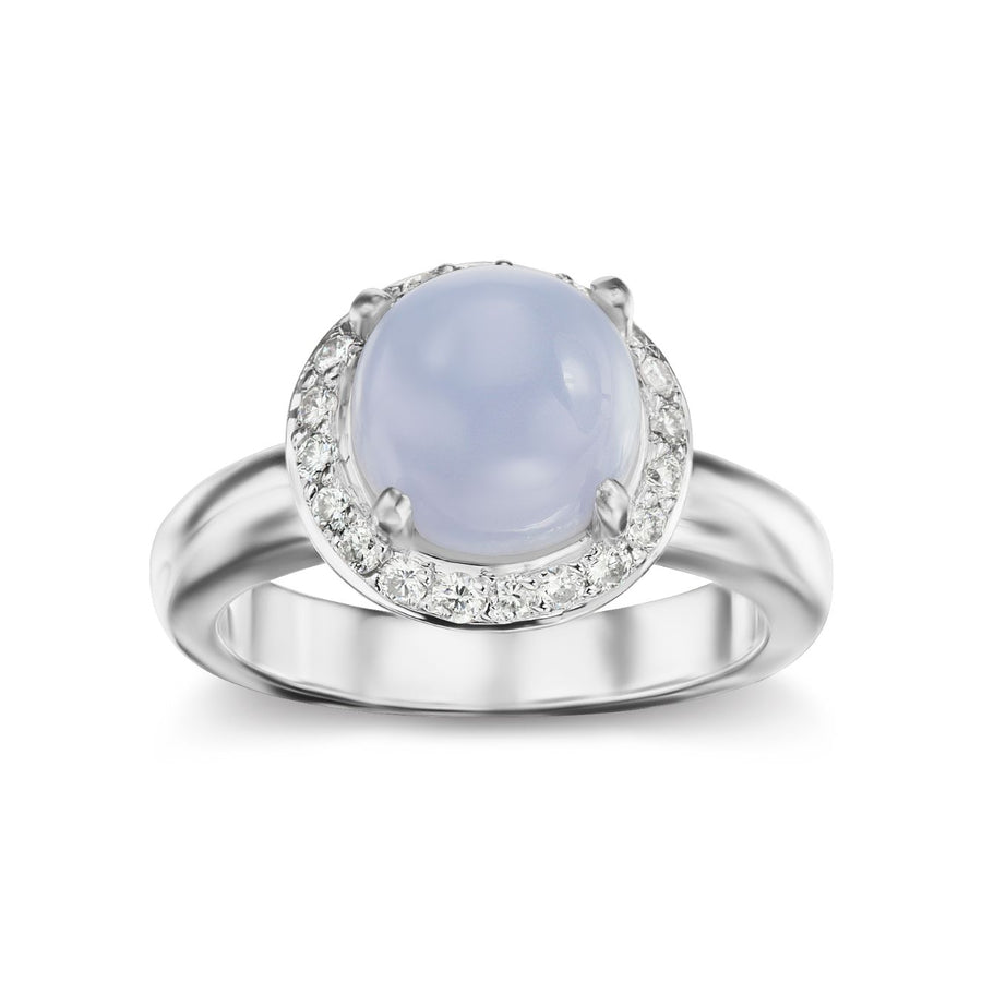Chalcedonia Cabochon with Halo Diamonds Birthday Ring in White or Yellow Gold