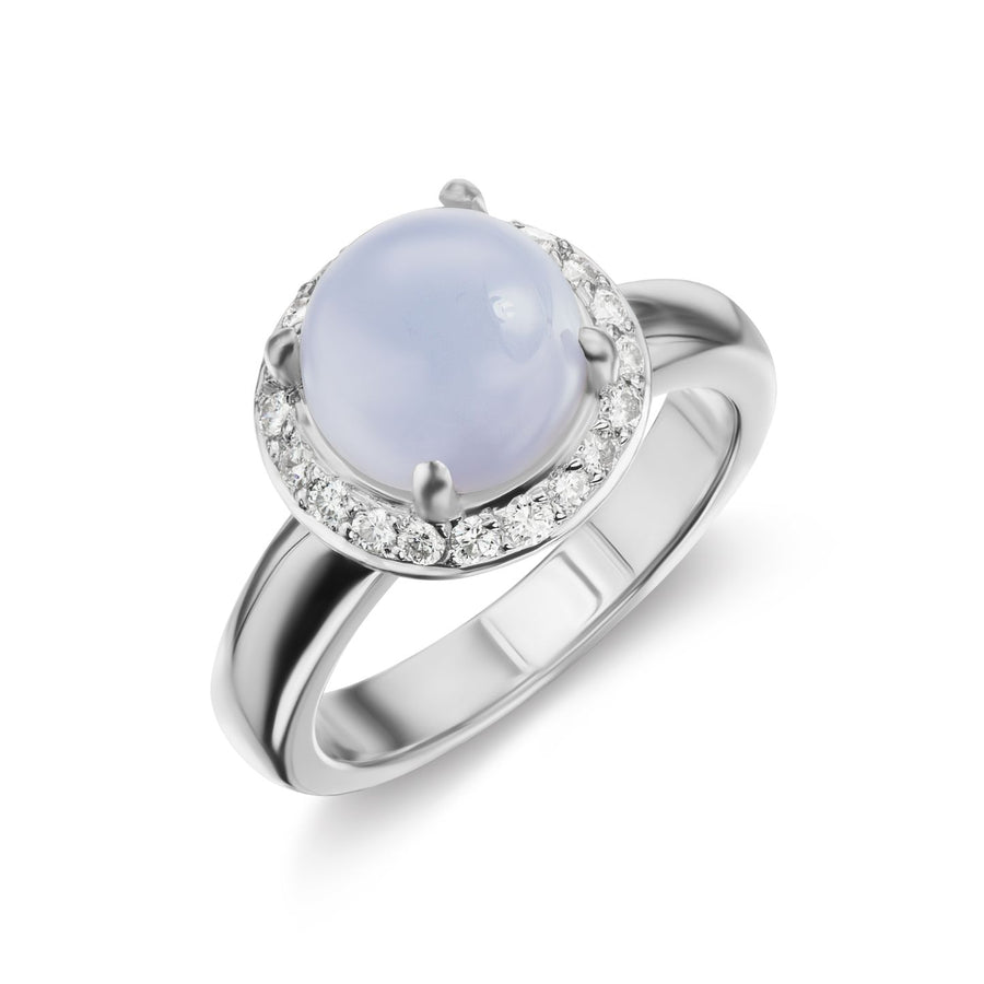 Chalcedonia Cabochon with Halo Diamonds Birthday Ring in White or Yellow Gold