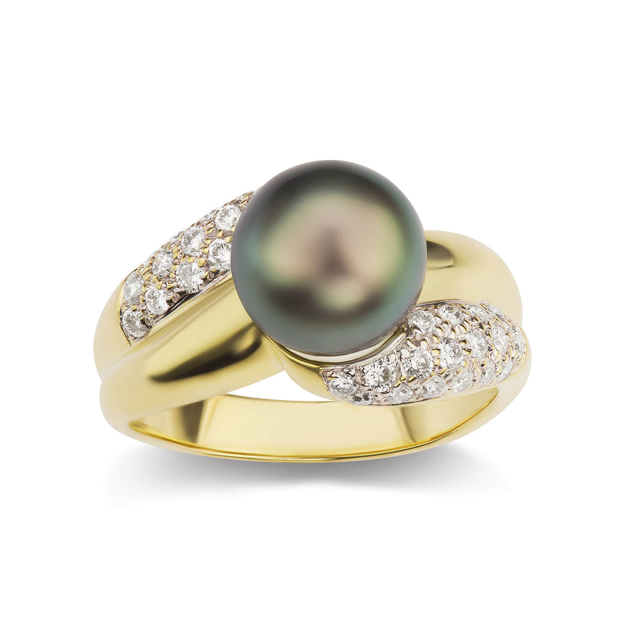 Tahitian Black Pearl Birthday Ring with Split Shank Diamond Pavé Band Set in White or Yellow Gold