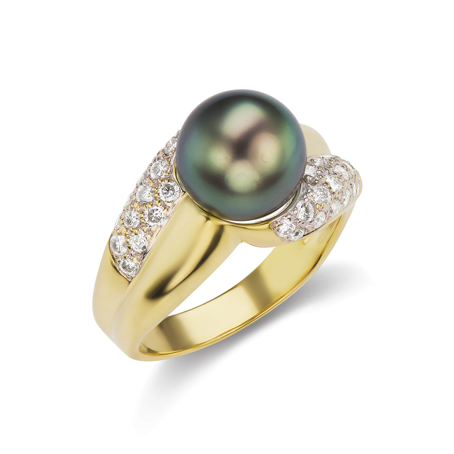 Tahitian Black Pearl Birthday Ring with Split Shank Diamond Pavé Band Set in White or Yellow Gold