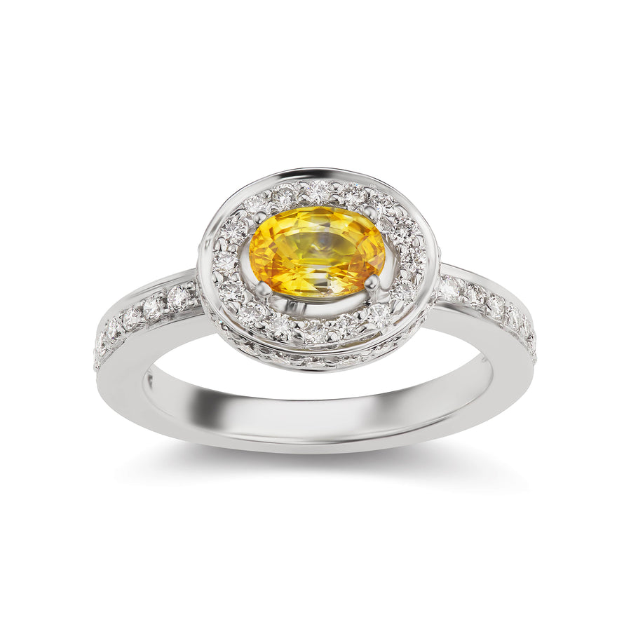 Oval Yellow Sapphire Diamond Halo Anniversary Ring in White or Yellow Gold