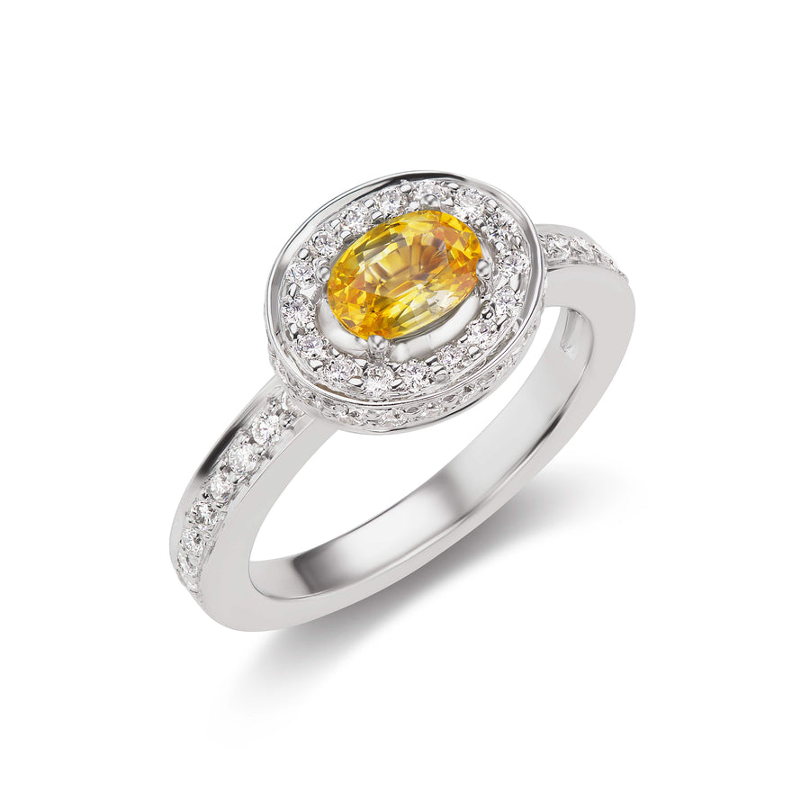 Oval Yellow Sapphire Diamond Halo Anniversary Ring in White or Yellow Gold