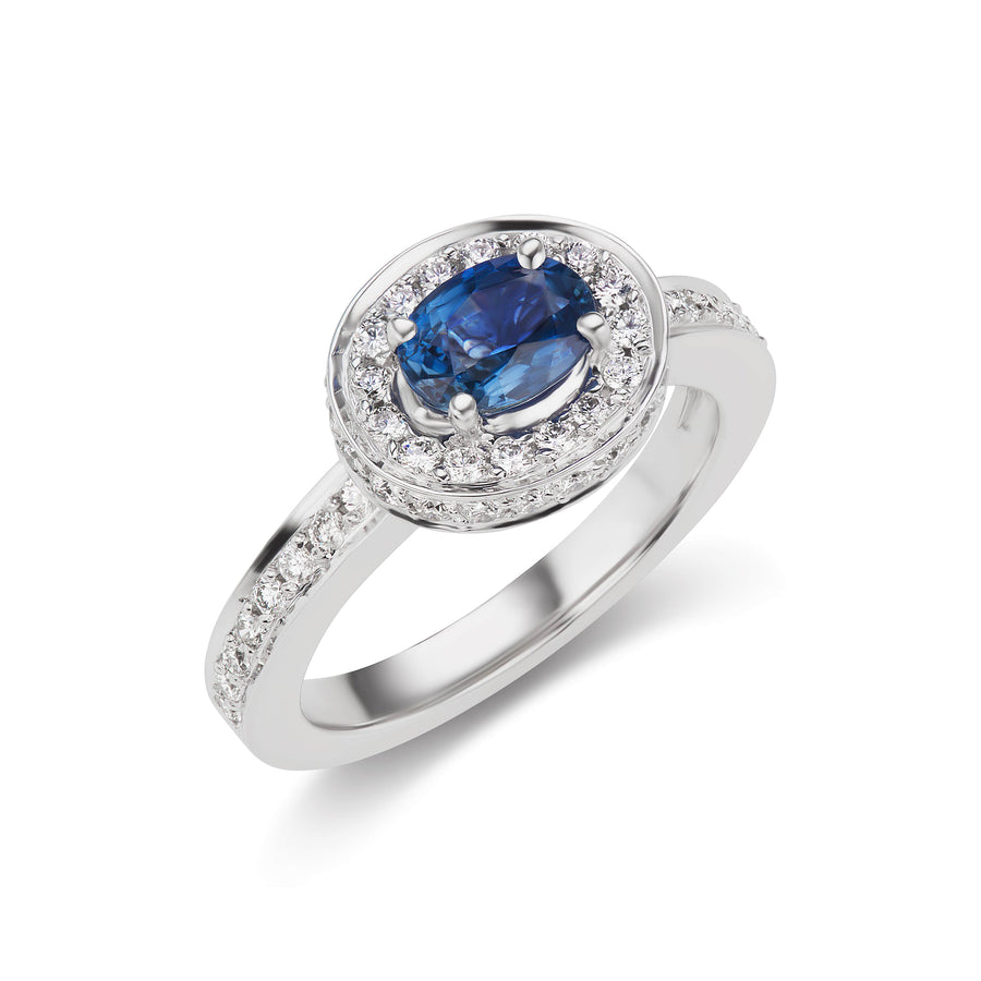 Oval Blue Sapphire Diamond Halo Anniversary Ring in White or Yellow Gold