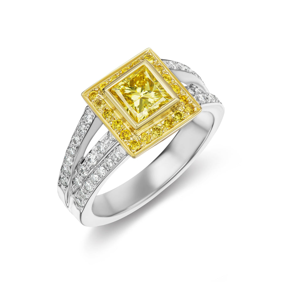 Yellow Diamond Triple Pavé  Shank Engagement or Anniversary Ring in Yellow or White Gold