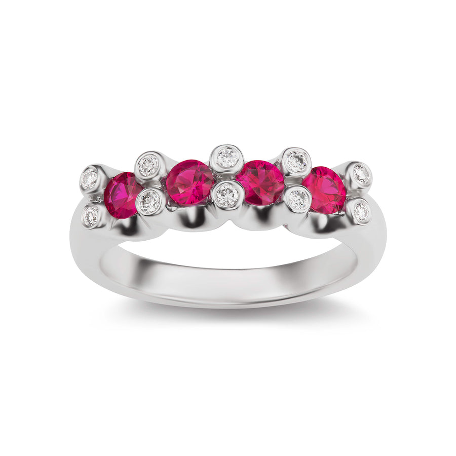 Fancy Quadruple Ruby Band with Diamonds in White or Yellow Gold