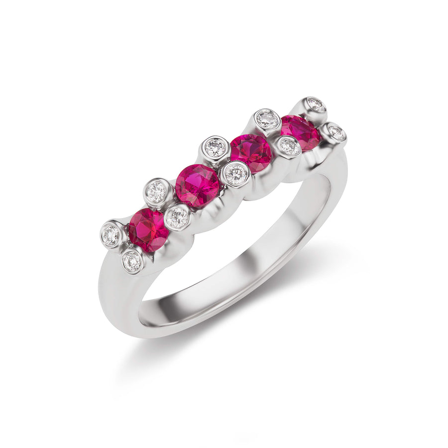 Fancy Quadruple Ruby Band with Diamonds in White or Yellow Gold