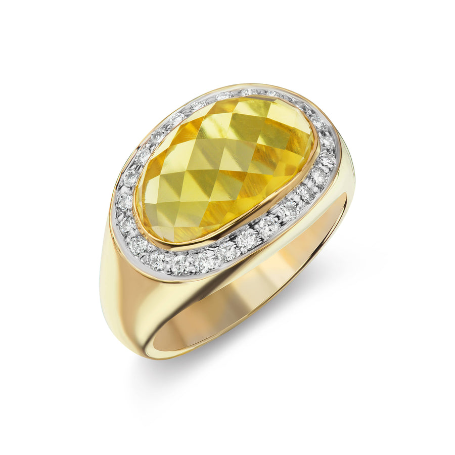 Yellow Citrine Checkered Cabochon with Pavé  Diamonds Birthday Ring in White or Yellow Gold