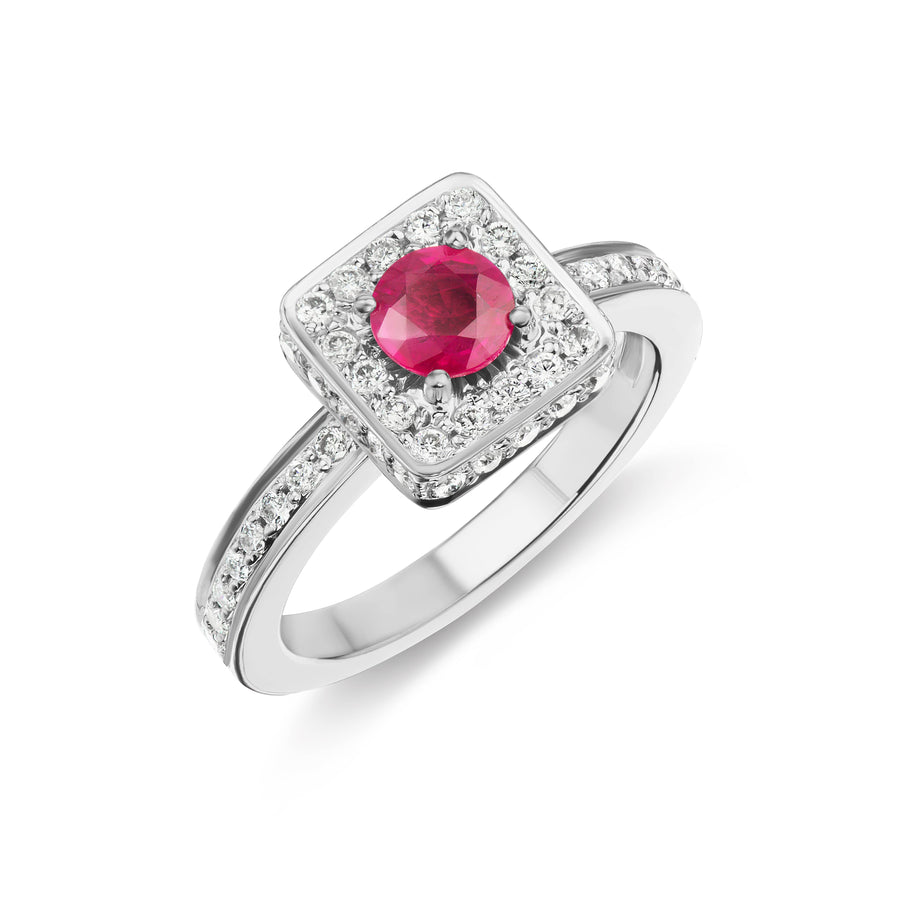 Lustrous Candy Red Ruby Birthday Ring in White or Yellow Gold