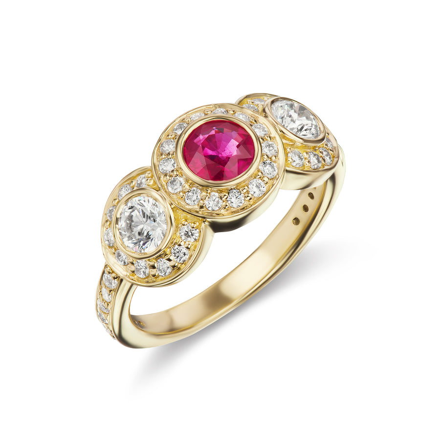 Round Ruby and Diamond Halo Micro Pavé Ring in White or Yellow Gold
